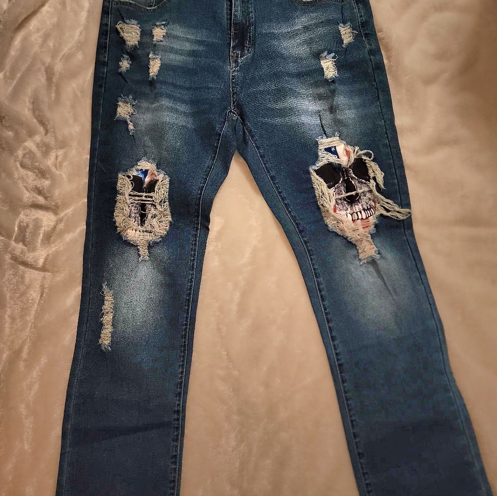 4th of July American Flag Skull SOFT 5 Pocket  Jeans 1XL 14 Plus Distressed